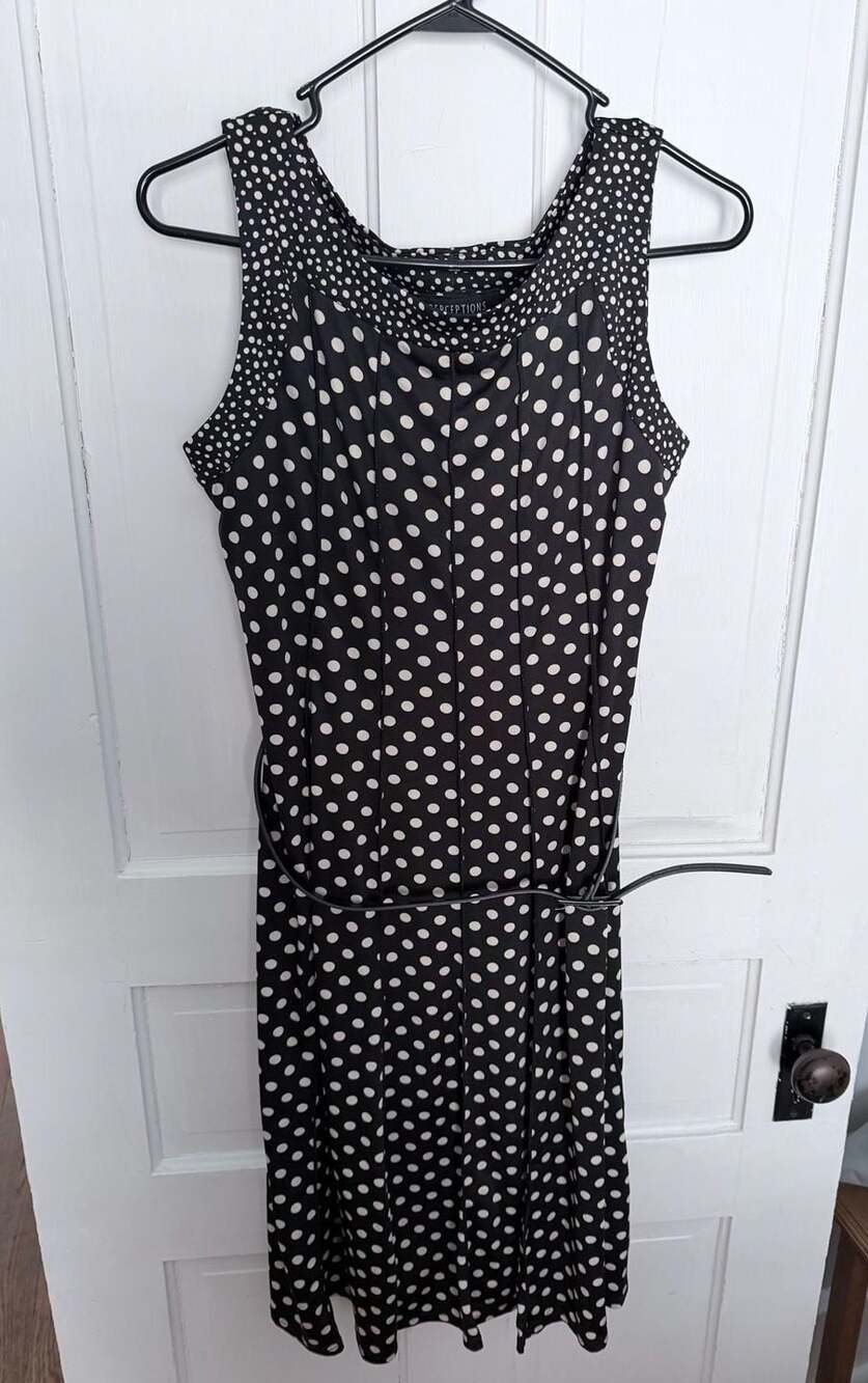 Perceptions Petite Black and White Polka Dot Sleeveless Belted Dress 12P